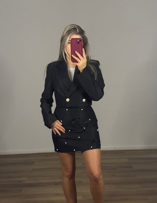 Double-breasted cropped blazer - Zwart