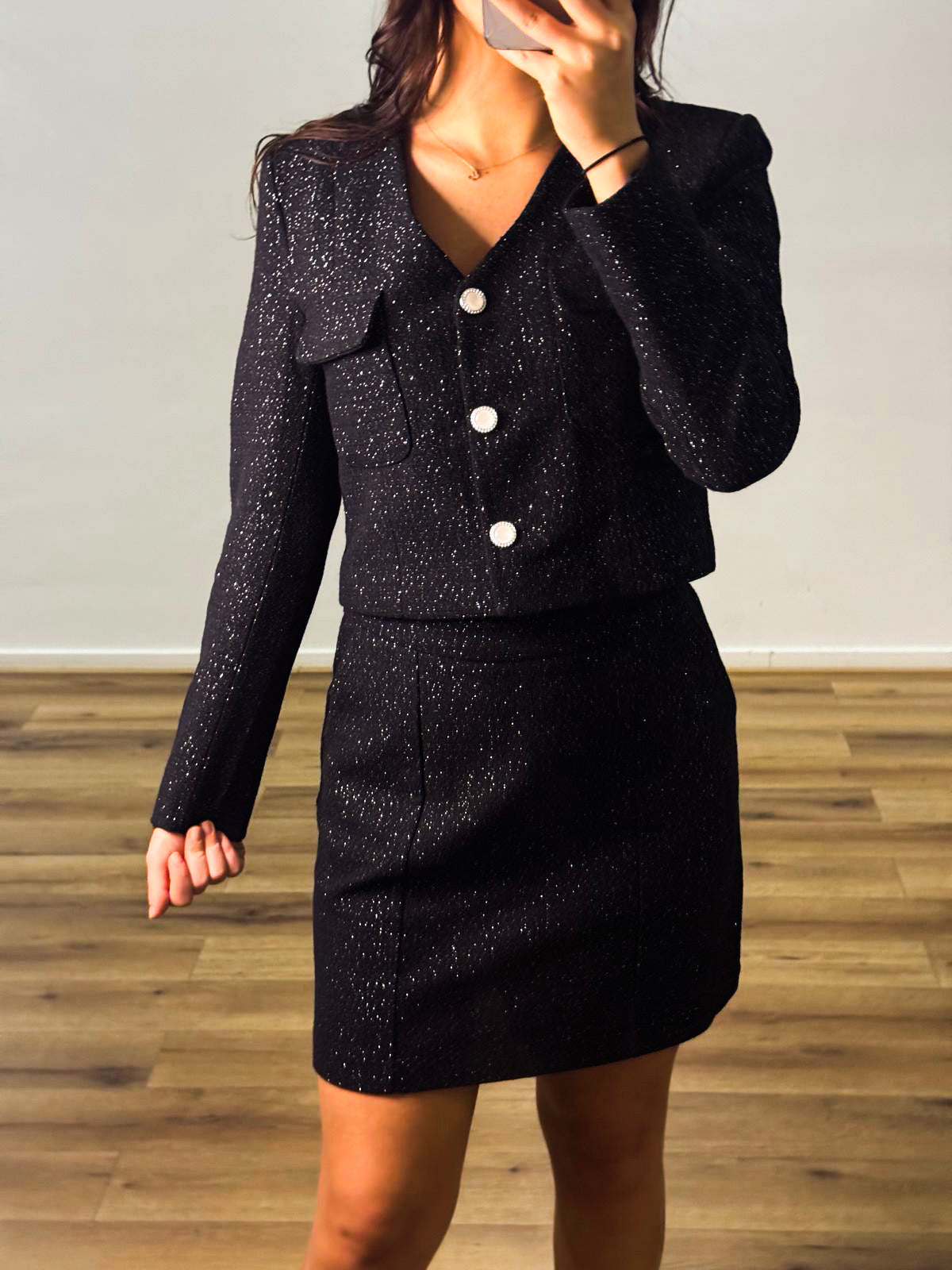 Glitter Tweed Mini Rok – Zwart