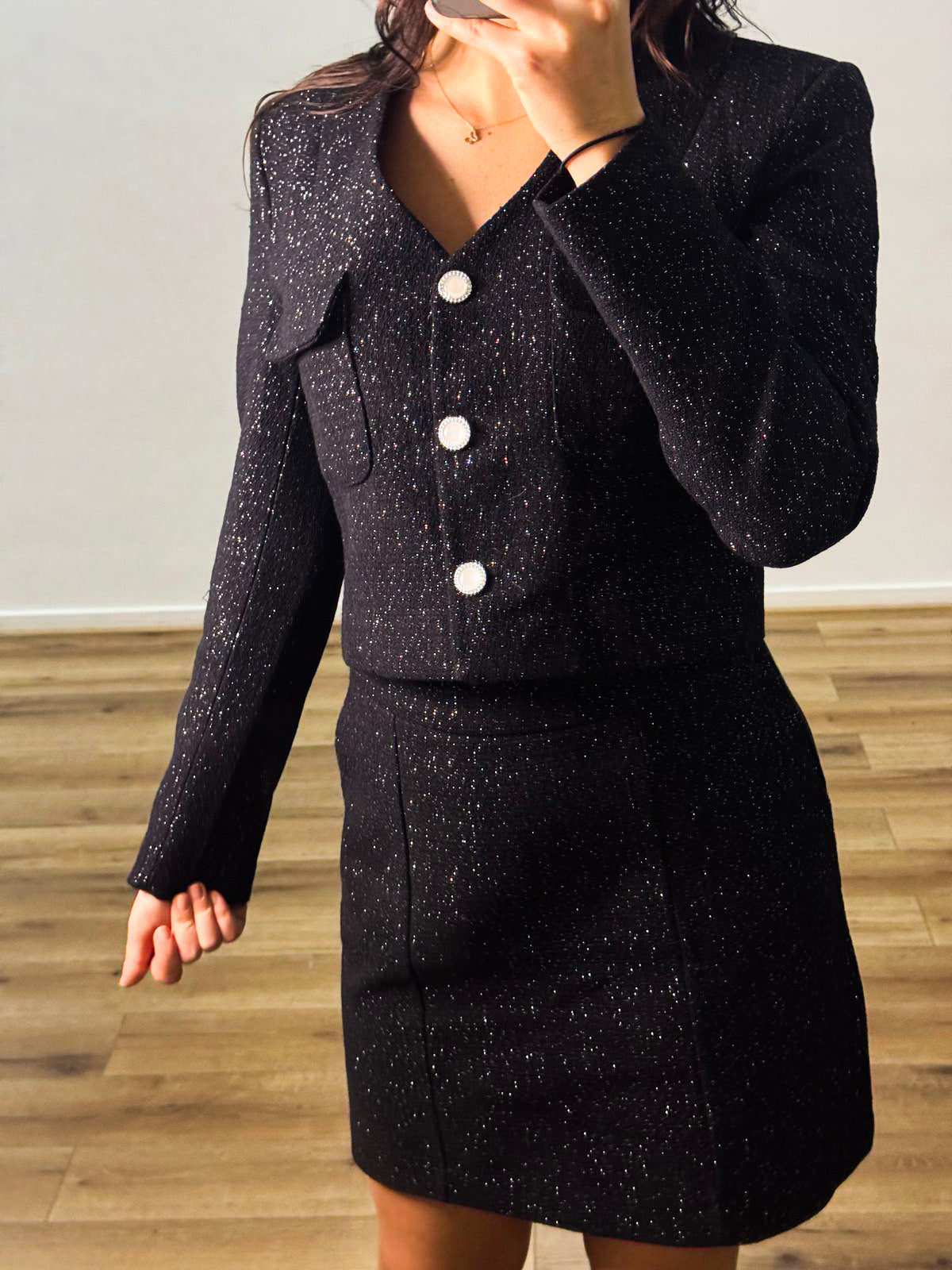 Glitter Tweed Cropped Blazer – Zwart